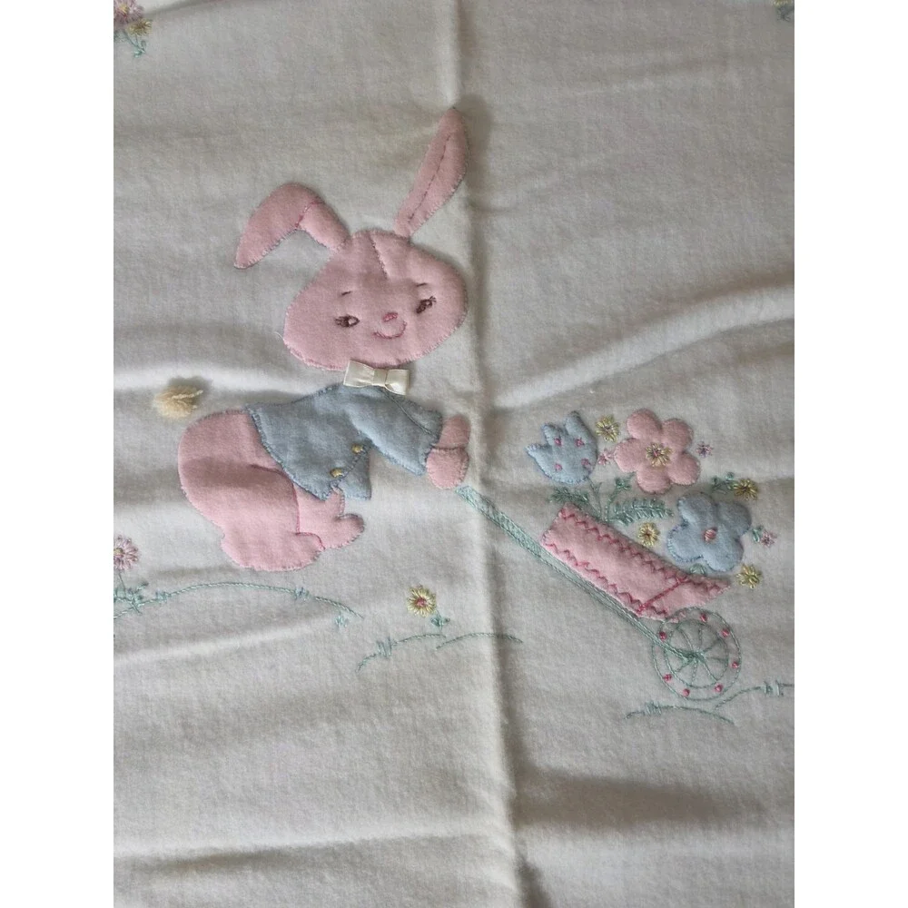 Vtg Hand Made Baby Blanket Bunny Rabbit Flower Satin Trim Applique Pink Blue